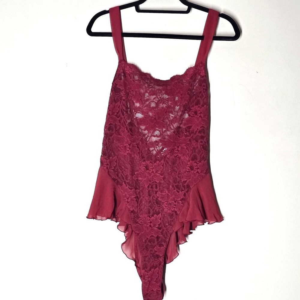 VTG 90s  Victorias Secret Red‎ Lace Teddy High Leg Sheer Flounce Snap Crotch L